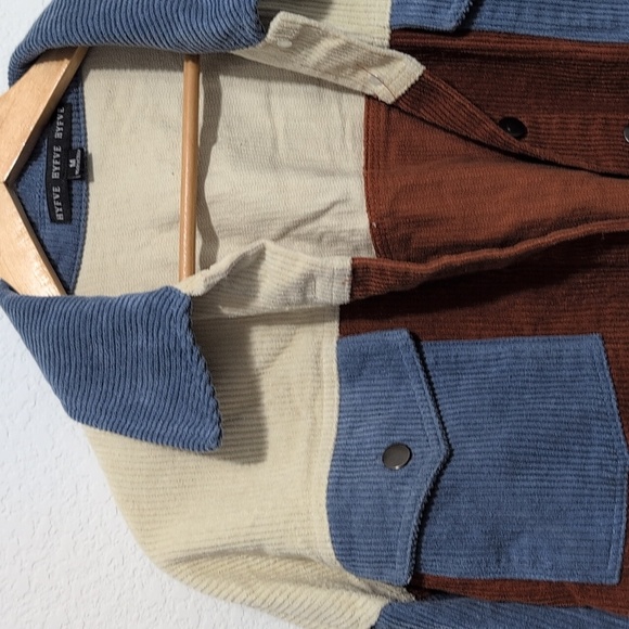 HYFVE Colorblock Corduroy Semi Cropped Jacket Raw Hem Blue Brown White size Med - Picture 3 of 9